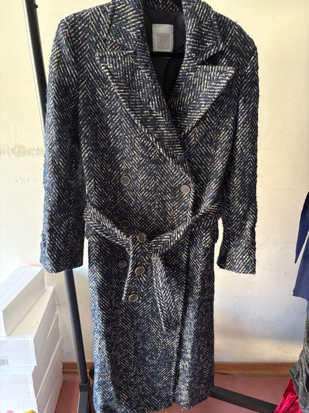 Eleventy Women's Navy & White Herringbone Wool-Blend Coat - Picture 3 of 7